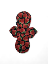 Load image into Gallery viewer, 16 inch heavy absorbency reusable cotton pads, sanitary napkins, reusable pads, strawberries on black
