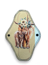 Load image into Gallery viewer, 10 inch heavy absorbency reusable pads, sanitary napkins, reusable pads, yellow Highland cows, organic cotton topper,