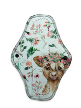 Load image into Gallery viewer, 10 inch heavy absorbency reusable pads, sanitary napkins, reusable pads, baby Highland cows, organic cotton topper,