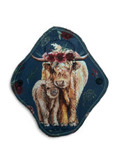 Load image into Gallery viewer, 8 inch heavy absorbency reusable pads, sanitary napkins, reusable pads, blue Highland cows, organic cotton topper, zorb