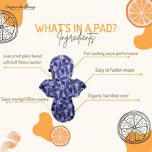 Load image into Gallery viewer, 10 inch heavy absorbency reusable pads, sanitary napkins, reusable pads, sassy, nevertheless she persisted, pique performance