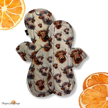 Load image into Gallery viewer, 12 inch heavy or moderate absorbency reusable cotton pads, sanitary napkins, reusable pads, washable cotton pads, leakproof, highland cows