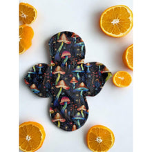 Load image into Gallery viewer, 8 inch heavy liner absorbency reusable cotton pads, sanitary napkins, reusable pads, mushroom on black, teenager gift, women’s gift