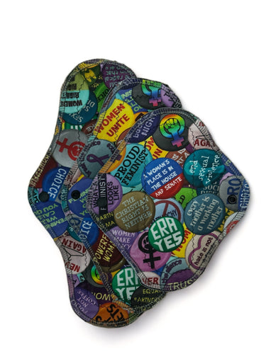 12 inch, 10 inch, 8 inch heavy absorbency reusable organic cotton pads, sanitary napkins, feminist reusable pads, women's rights buttons