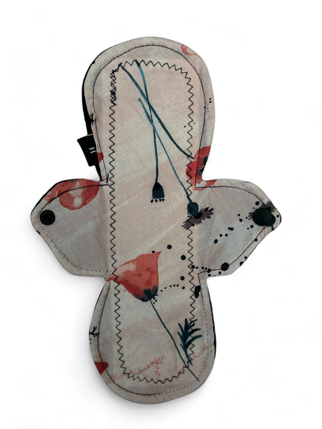 12” Menstrual Pads for Heavy Days -Heavy Absorbency Reusable Pads with Organic Bamboo Core - Floral Poppy Print, Cotton Topper, Eco-Friendly