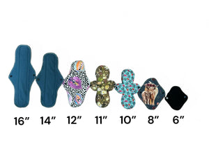 12 inch Heavy Absorbency Reusable Cotton Sanitary Pads, Organic Bamboo Core, Water-Resistant Fleece Bottom, Greenery