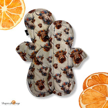 Load image into Gallery viewer, 12 inch heavy or moderate absorbency reusable cotton pads, sanitary napkins, reusable pads, washable cotton pads, leakproof, highland cows
