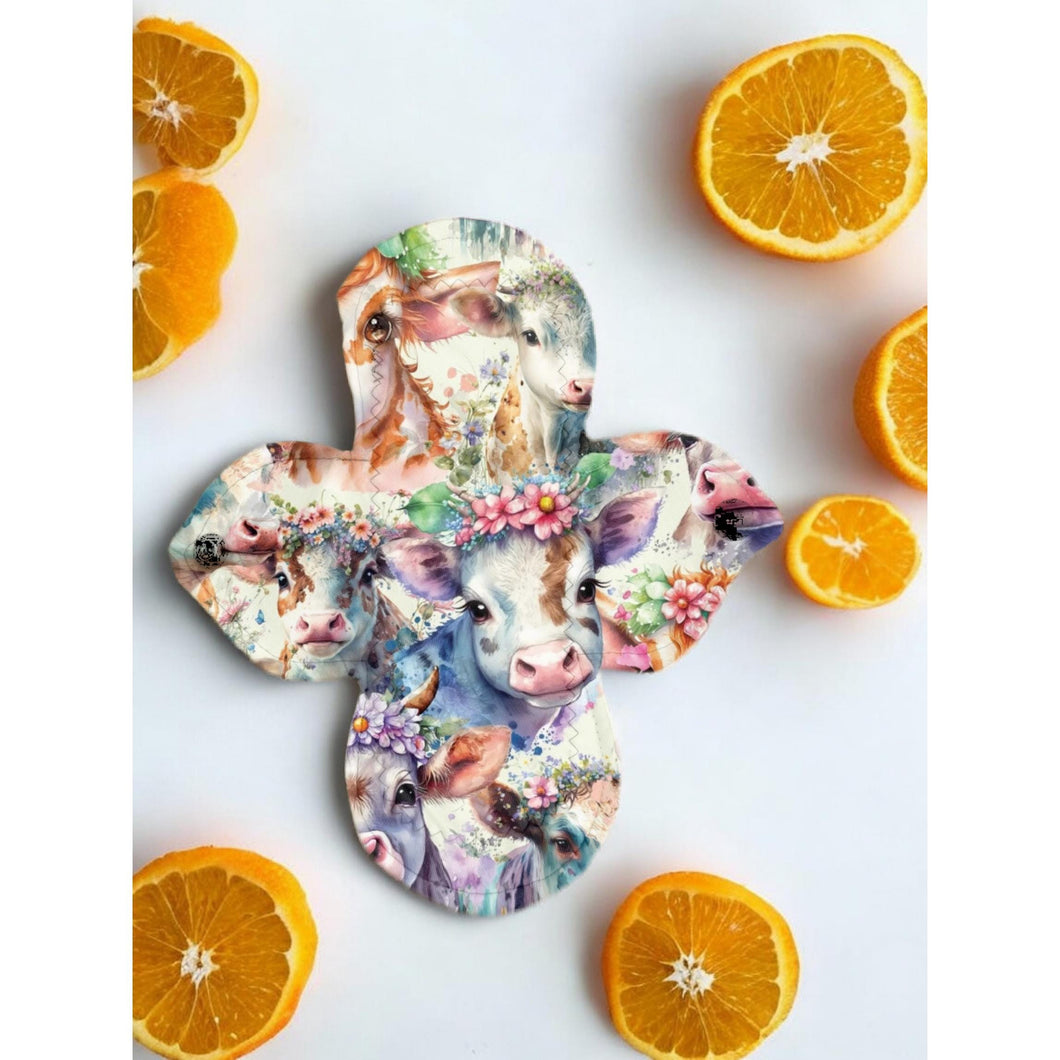 8 inch heavy liner absorbency reusable cotton pads, sanitary napkins, reusable pads, pretty cows, teenager gift, women’s gift